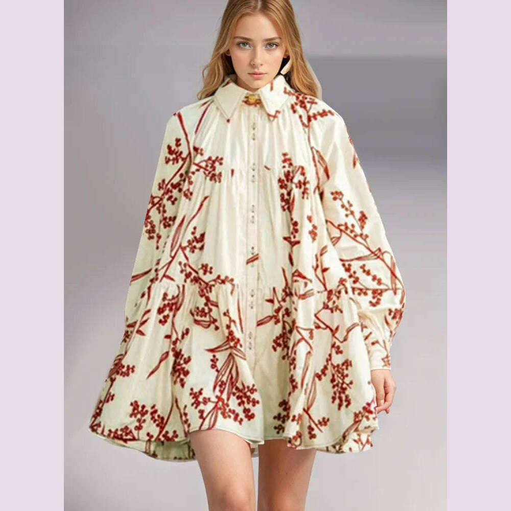 VGH Hit Color Spliced Embroidery Mini Dress For Women Lapel Collar Lantern Sleeve Patchwork Single Breasted Dresses Female New - KIMLUD