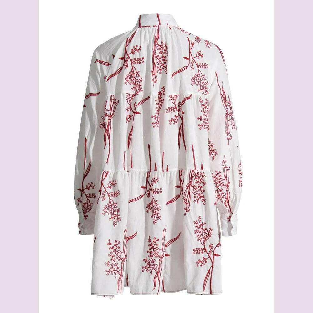 VGH Hit Color Spliced Embroidery Mini Dress For Women Lapel Collar Lantern Sleeve Patchwork Single Breasted Dresses Female New - KIMLUD