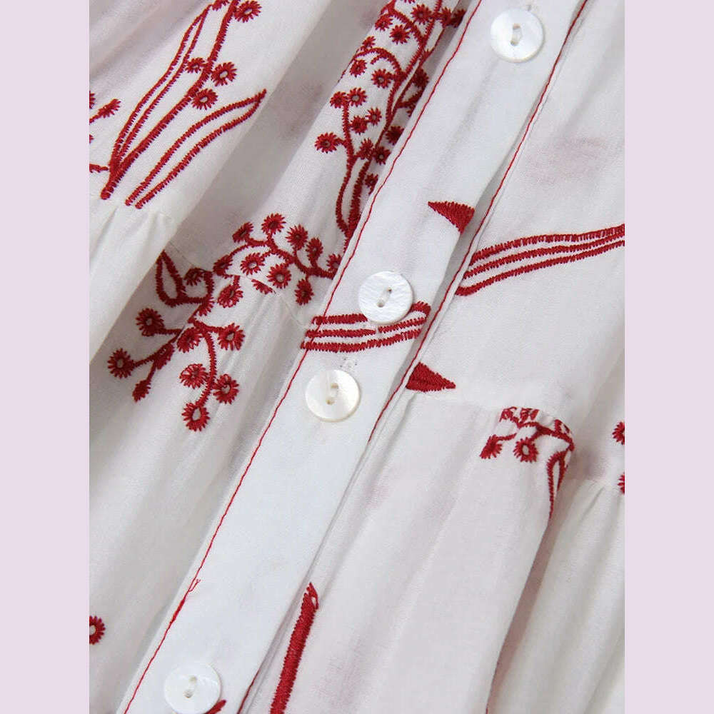 VGH Hit Color Spliced Embroidery Mini Dress For Women Lapel Collar Lantern Sleeve Patchwork Single Breasted Dresses Female New - KIMLUD