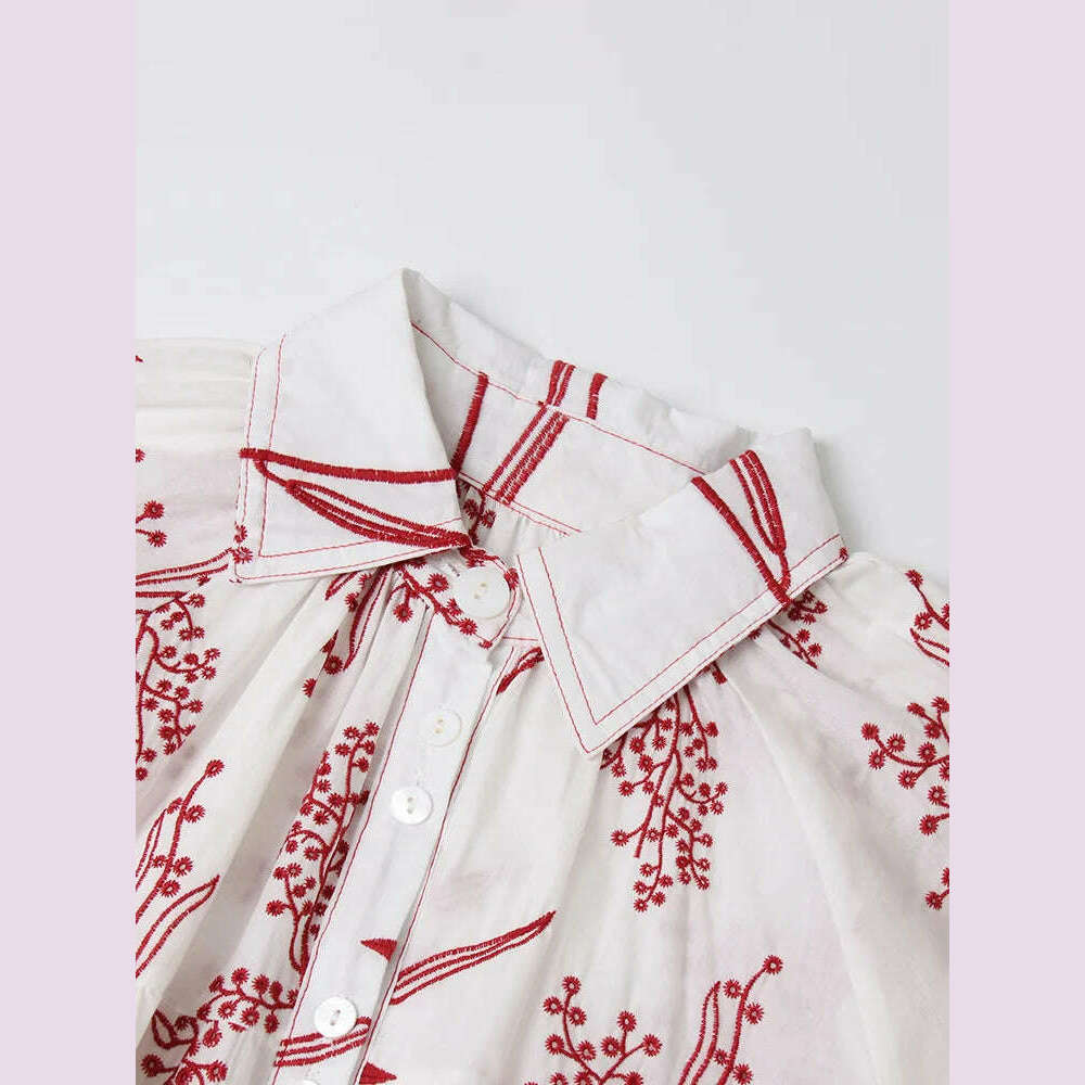 VGH Hit Color Spliced Embroidery Mini Dress For Women Lapel Collar Lantern Sleeve Patchwork Single Breasted Dresses Female New - KIMLUD