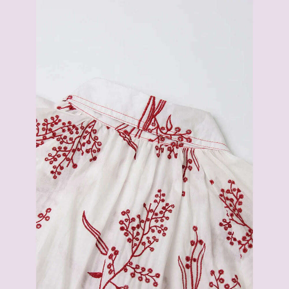 VGH Hit Color Spliced Embroidery Mini Dress For Women Lapel Collar Lantern Sleeve Patchwork Single Breasted Dresses Female New - KIMLUD