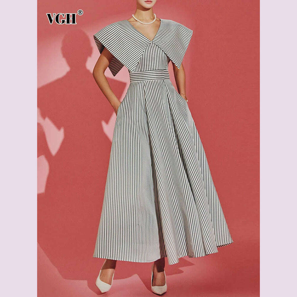 VGH hit color striped dresses for women v neck sleeveless high waist a line patchwork ruched dress female summer clothing new - KIMLUD