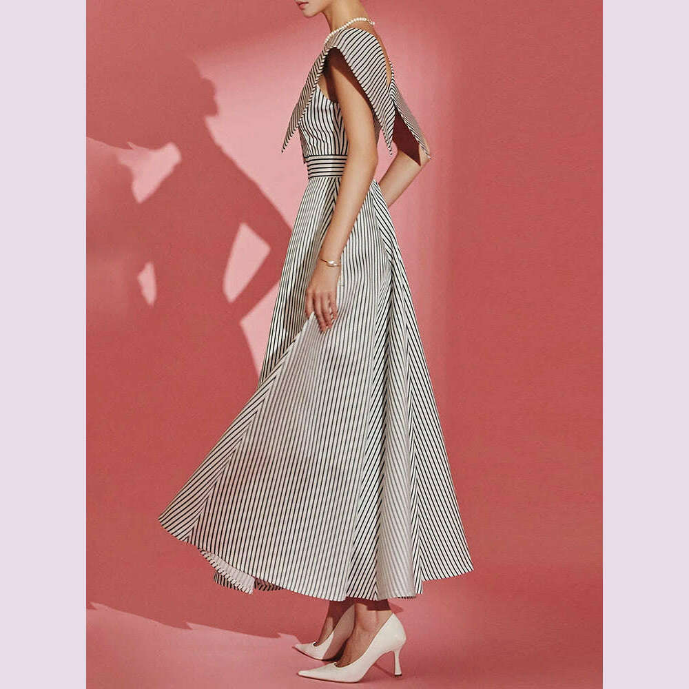 VGH hit color striped dresses for women v neck sleeveless high waist a line patchwork ruched dress female summer clothing new - KIMLUD