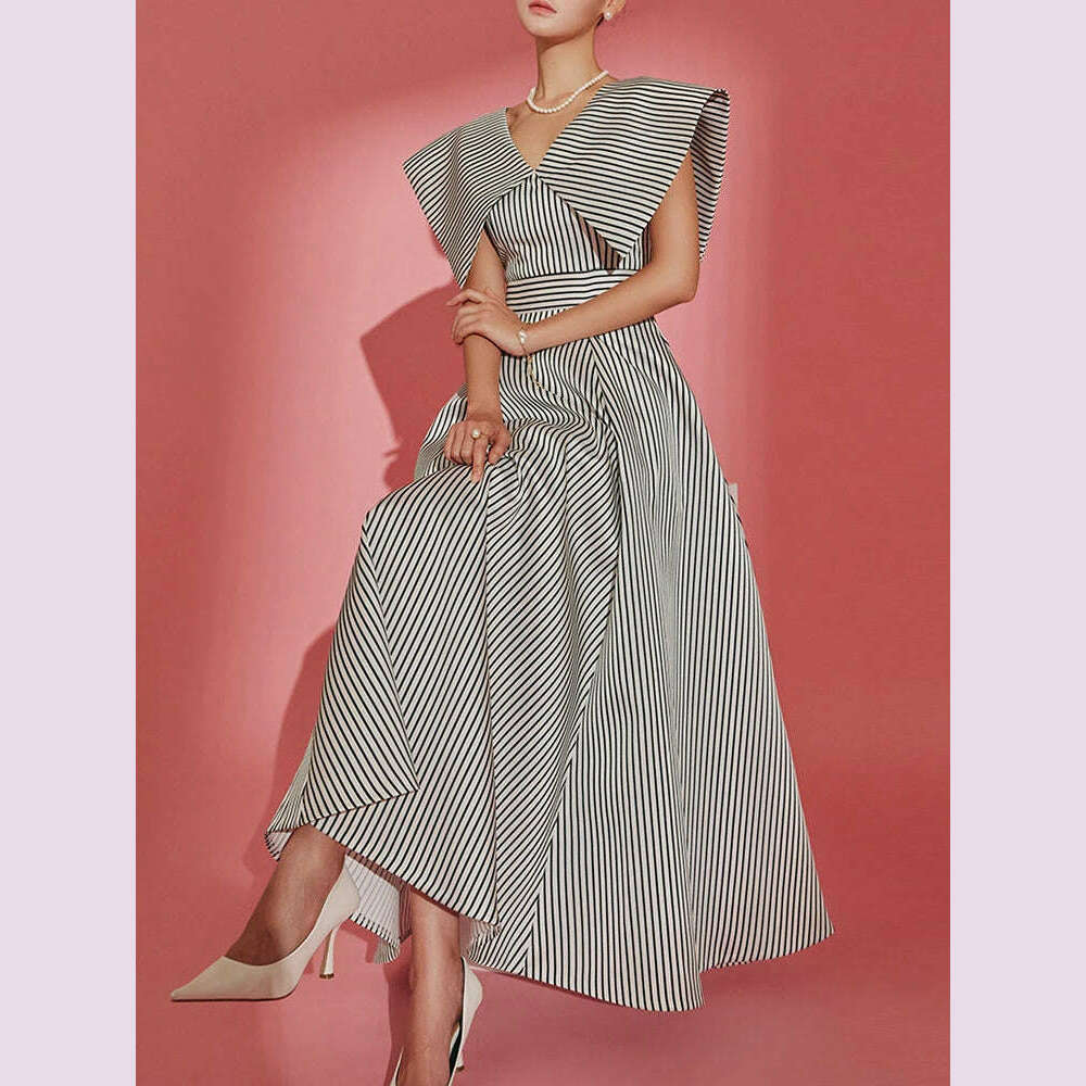 VGH hit color striped dresses for women v neck sleeveless high waist a line patchwork ruched dress female summer clothing new - KIMLUD