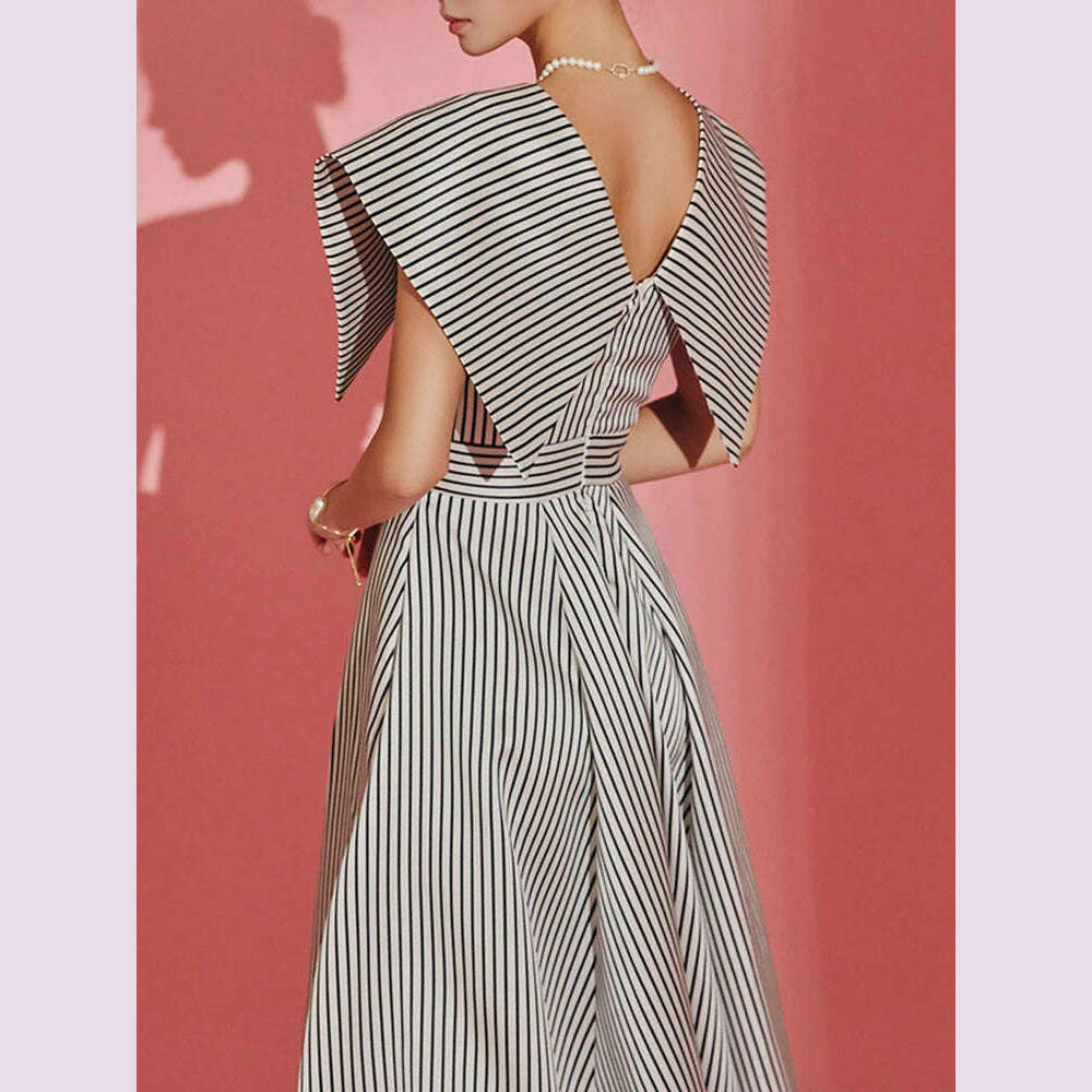 VGH hit color striped dresses for women v neck sleeveless high waist a line patchwork ruched dress female summer clothing new - KIMLUD