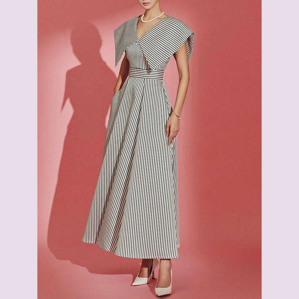 VGH hit color striped dresses for women v neck sleeveless high waist a line patchwork ruched dress female summer clothing new - KIMLUD