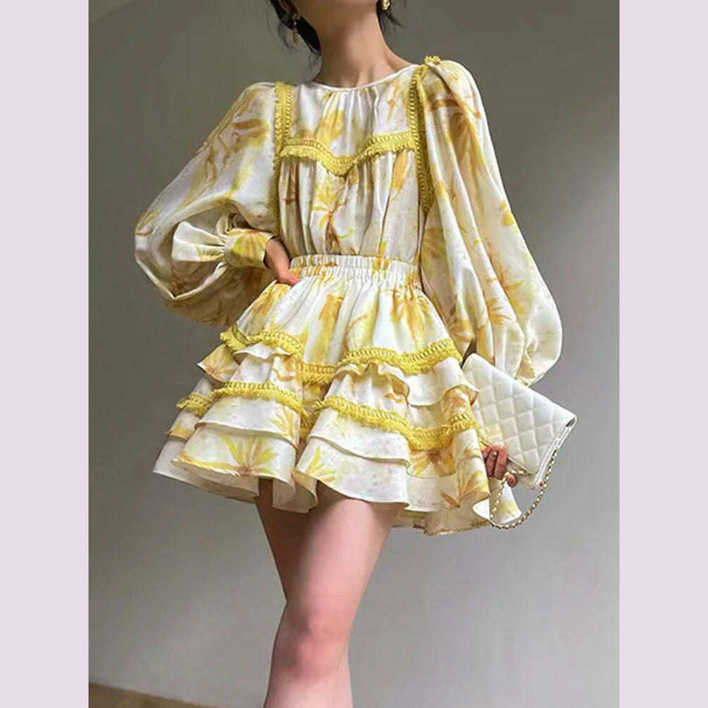 VGH Hit Color Two Piece Set For Women Round Neck Lantern Sleeve Shirts Spliced Tierred Mini Skirts Floral Printing Sets Female - KIMLUD