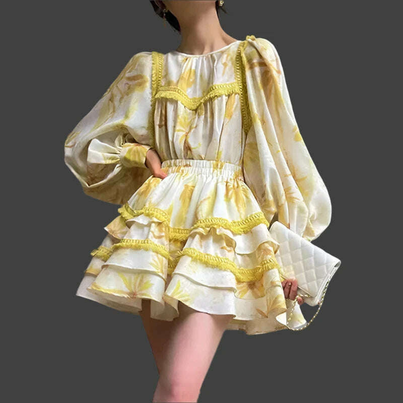 VGH Hit Color Two Piece Set For Women Round Neck Lantern Sleeve Shirts Spliced Tierred Mini Skirts Floral Printing Sets Female - KIMLUD