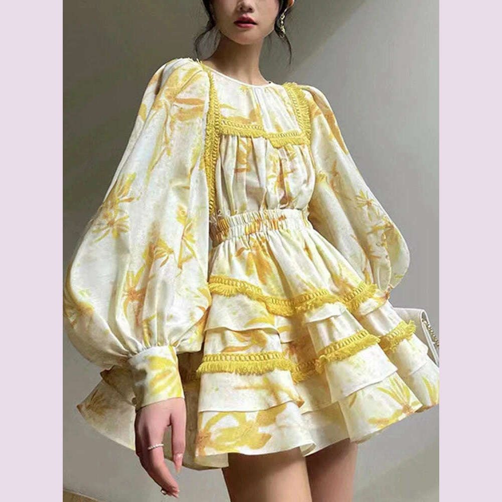 VGH Hit Color Two Piece Set For Women Round Neck Lantern Sleeve Shirts Spliced Tierred Mini Skirts Floral Printing Sets Female - KIMLUD