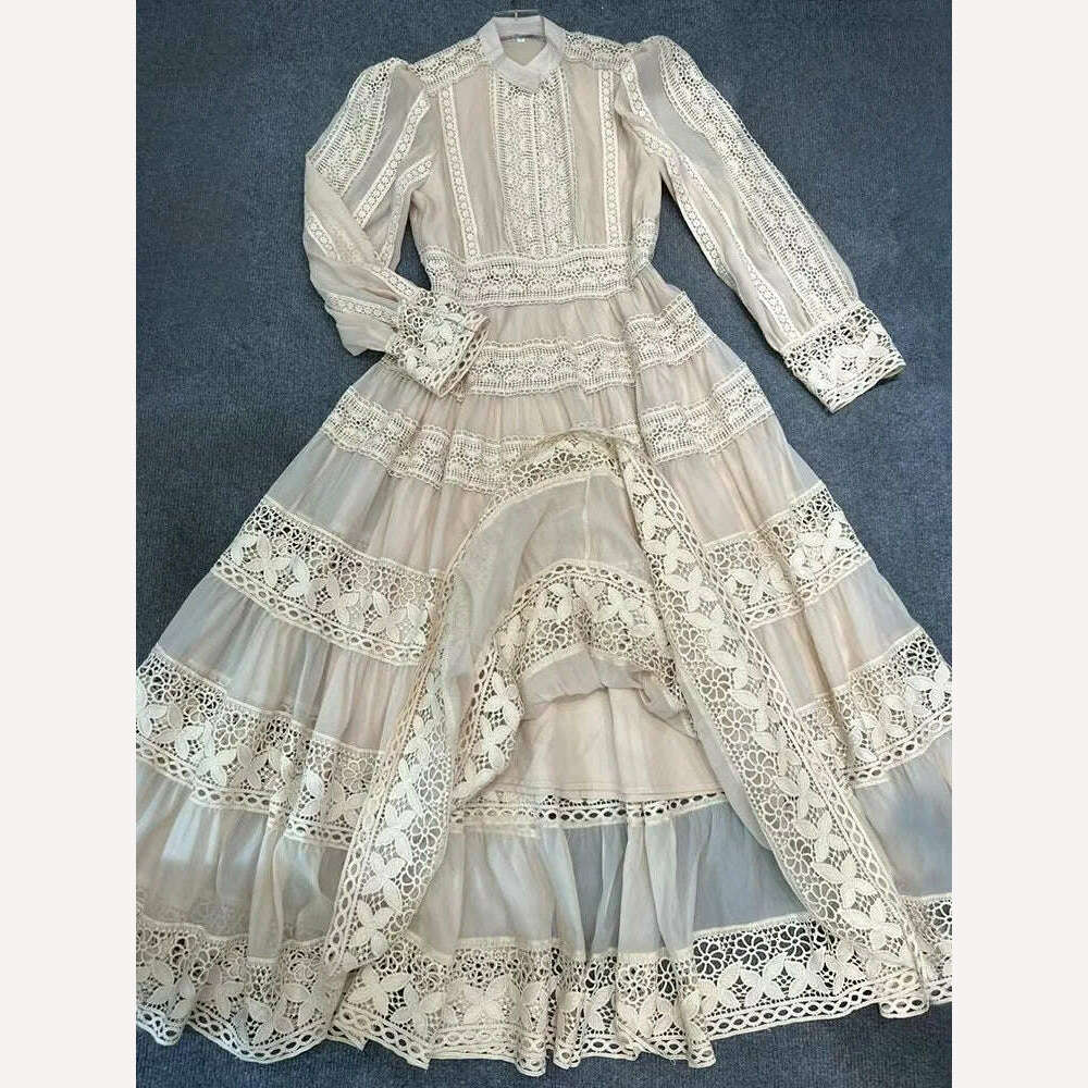 VGH Hollow Out Embroidery Dress For Women Round Neck Long Sleeve High Waist Solid Slimming Dresses Female Fashion Clothing New - KIMLUD