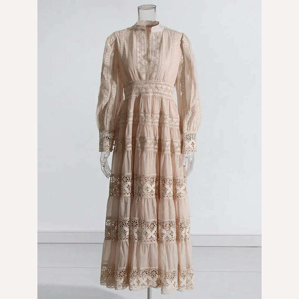 VGH Hollow Out Embroidery Dress For Women Round Neck Long Sleeve High Waist Solid Slimming Dresses Female Fashion Clothing New - KIMLUD