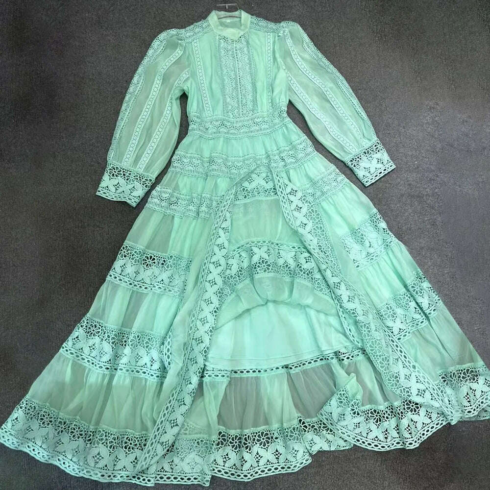 VGH Hollow Out Embroidery Dress For Women Round Neck Long Sleeve High Waist Solid Slimming Dresses Female Fashion Clothing New - KIMLUD