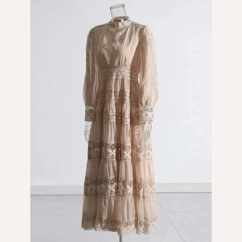 VGH Hollow Out Embroidery Dress For Women Round Neck Long Sleeve High Waist Solid Slimming Dresses Female Fashion Clothing New - KIMLUD