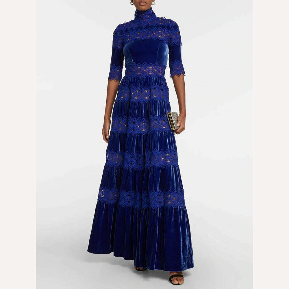 VGH Hollow Out Embroidery Elegant Dresses For Women Turtleneck Half Sleeve High Waist Spliced Tiered Lace Vintage Dress Female - KIMLUD