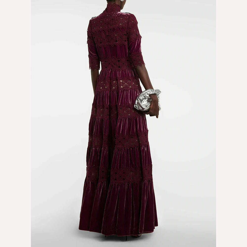 VGH Hollow Out Embroidery Elegant Dresses For Women Turtleneck Half Sleeve High Waist Spliced Tiered Lace Vintage Dress Female - KIMLUD