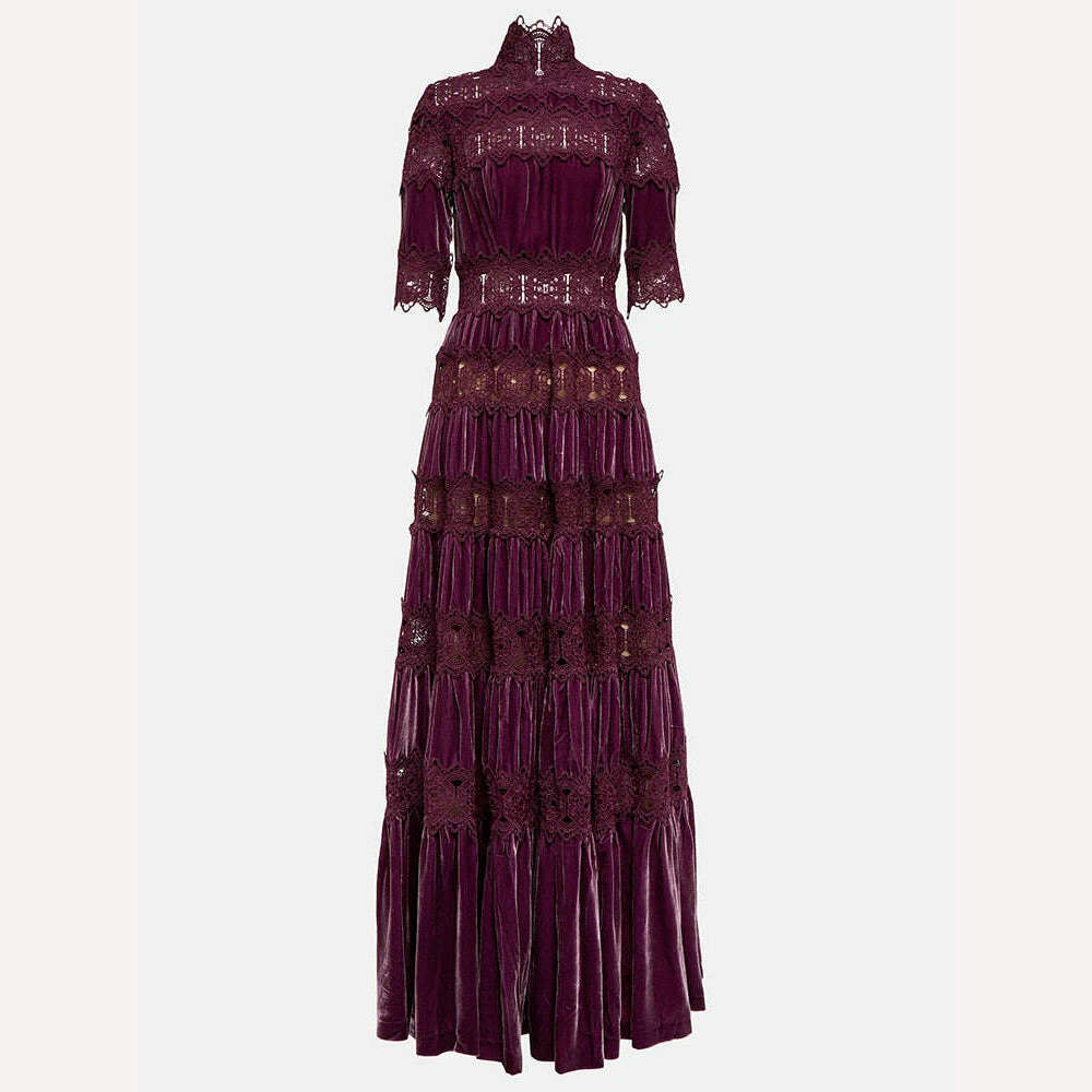 VGH Hollow Out Embroidery Elegant Dresses For Women Turtleneck Half Sleeve High Waist Spliced Tiered Lace Vintage Dress Female - KIMLUD