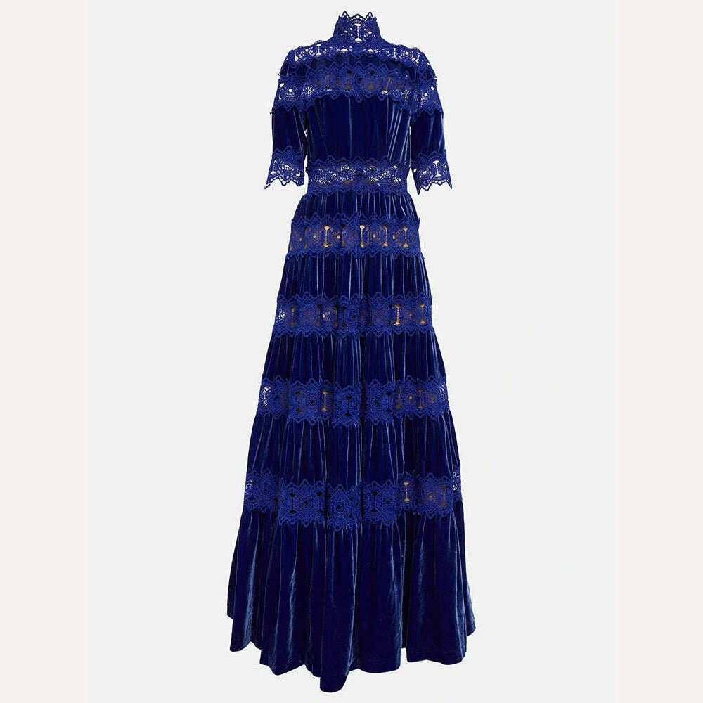 VGH Hollow Out Embroidery Elegant Dresses For Women Turtleneck Half Sleeve High Waist Spliced Tiered Lace Vintage Dress Female - KIMLUD