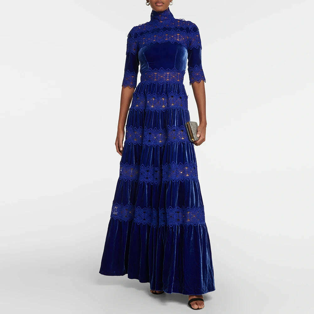 VGH Hollow Out Embroidery Elegant Dresses For Women Turtleneck Half Sleeve High Waist Spliced Tiered Lace Vintage Dress Female - KIMLUD