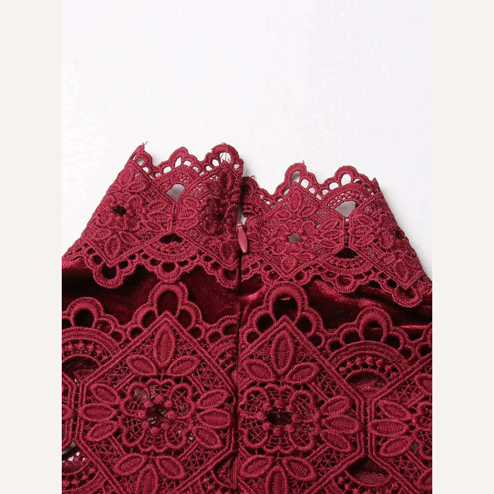 VGH Hollow Out Embroidery Elegant Dresses For Women Turtleneck Half Sleeve High Waist Spliced Tiered Lace Vintage Dress Female - KIMLUD