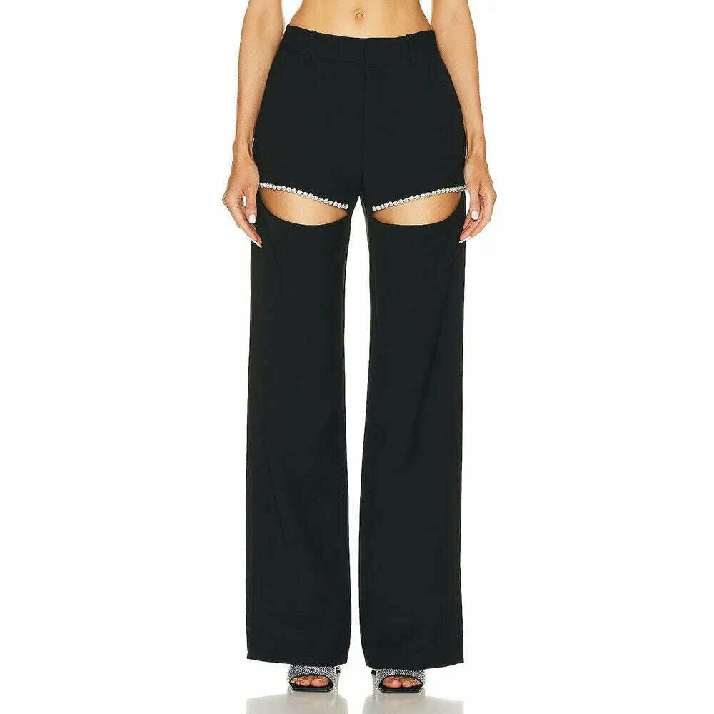 KIMLUD, VGH Hollow Out Straigth Pants For Women High Wasit Patchwork Diamonds Casual Loose Wide Leg Pants Female Summer Clothing New, KIMLUD Womens ClothesKIMLUD, VGH Hollow Out Straigth Pants For Women High Wasit Patchwork Diamonds Casual Loose Wide Leg Pants Female Summer Clothing New, Black / L, KIMLUD APPAREL - Womens Clothes