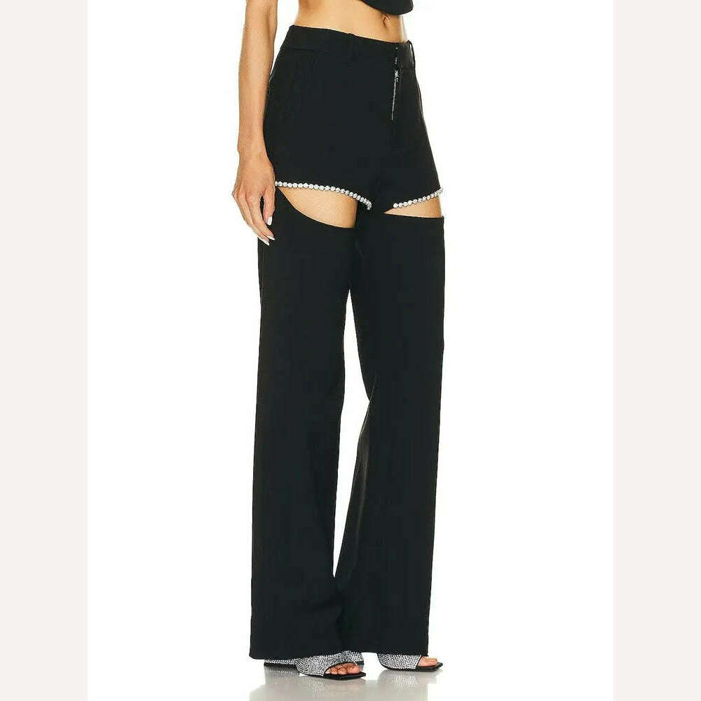 KIMLUD, VGH Hollow Out Straigth Pants For Women High Wasit Patchwork Diamonds Casual Loose Wide Leg Pants Female Summer Clothing New, KIMLUD Womens Clothes