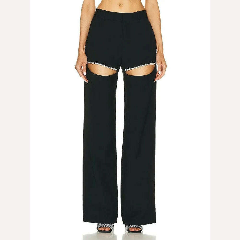 KIMLUD, VGH Hollow Out Straigth Pants For Women High Wasit Patchwork Diamonds Casual Loose Wide Leg Pants Female Summer Clothing New, KIMLUD Womens Clothes