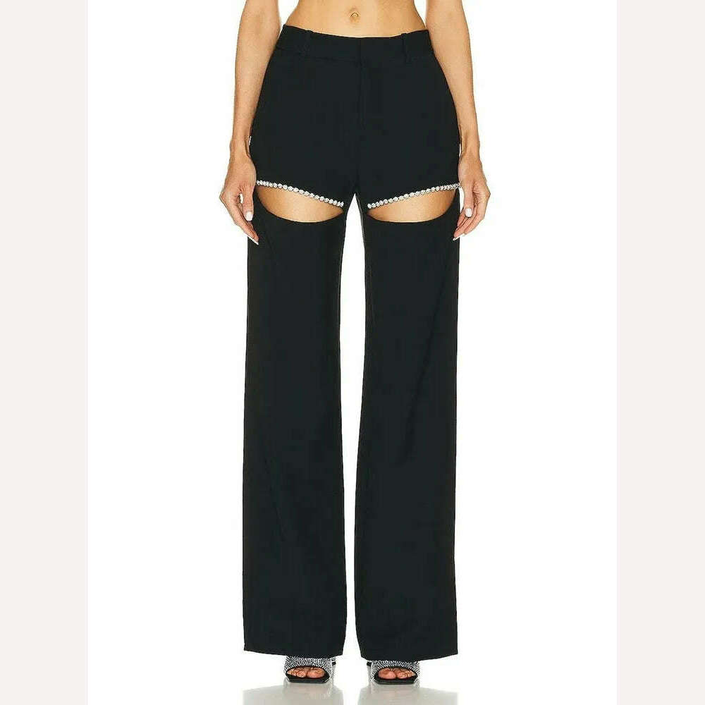 KIMLUD, VGH Hollow Out Straigth Pants For Women High Wasit Patchwork Diamonds Casual Loose Wide Leg Pants Female Summer Clothing New, KIMLUD Womens Clothes