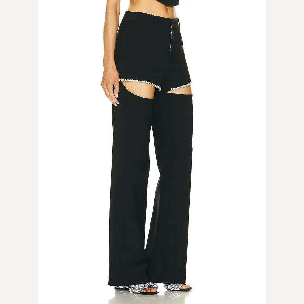 KIMLUD, VGH Hollow Out Straigth Pants For Women High Wasit Patchwork Diamonds Casual Loose Wide Leg Pants Female Summer Clothing New, KIMLUD Womens Clothes