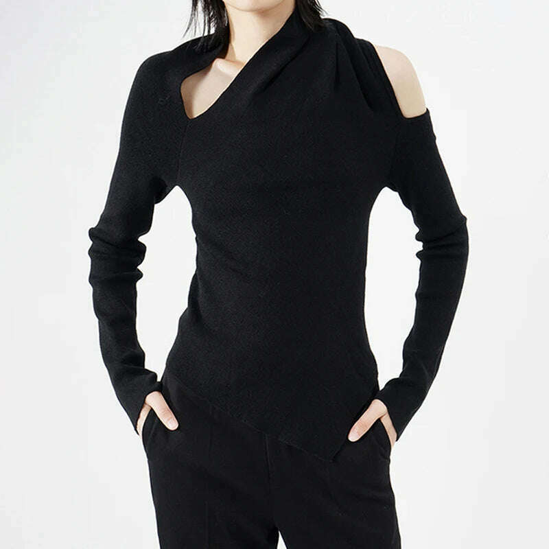 KIMLUD, VGH Irregular Hem Hollow Out For Female Knitted Sweater Skew Collar Long Sleeve Off Shoulder Women's Sexy Pullover 2022 Clothing, Black / S, KIMLUD APPAREL - Womens Clothes