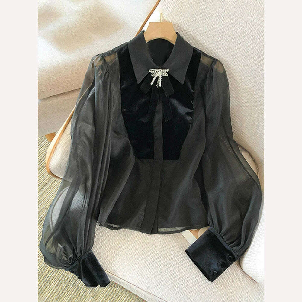 KIMLUD, VGH Korean Solid Blouse For Women Lapel Long Sleeve Spliced Bowknot Loose Blouses Female 2023 Clothing Spring Style Fashion New, KIMLUD Womens Clothes