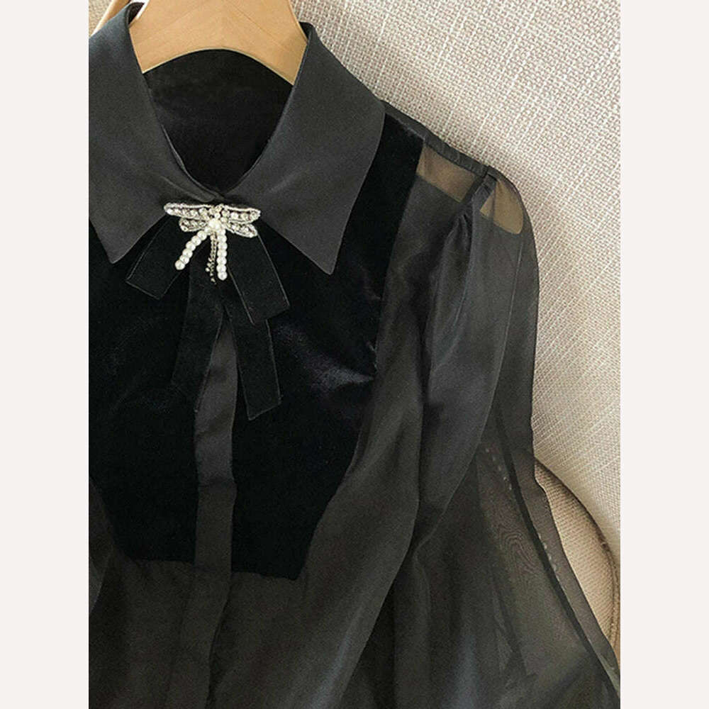 KIMLUD, VGH Korean Solid Blouse For Women Lapel Long Sleeve Spliced Bowknot Loose Blouses Female 2023 Clothing Spring Style Fashion New, KIMLUD Womens Clothes