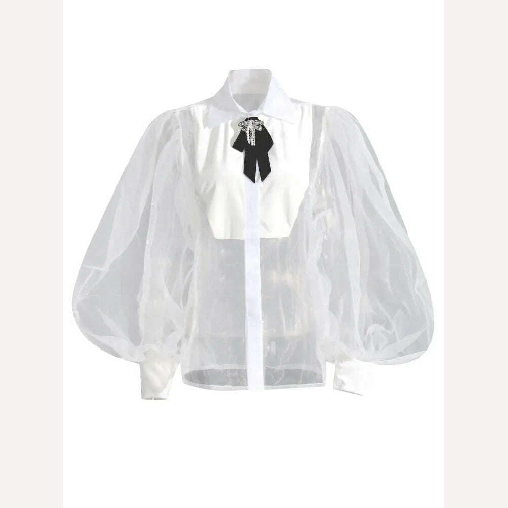 KIMLUD, VGH Korean Solid Blouse For Women Lapel Long Sleeve Spliced Bowknot Loose Blouses Female 2023 Clothing Spring Style Fashion New, KIMLUD Womens Clothes