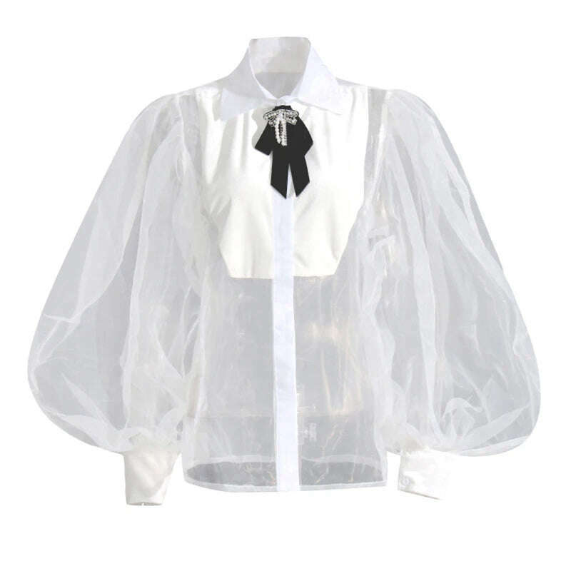 KIMLUD, VGH Korean Solid Blouse For Women Lapel Long Sleeve Spliced Bowknot Loose Blouses Female 2023 Clothing Spring Style Fashion New, White / S, KIMLUD APPAREL - Womens Clothes