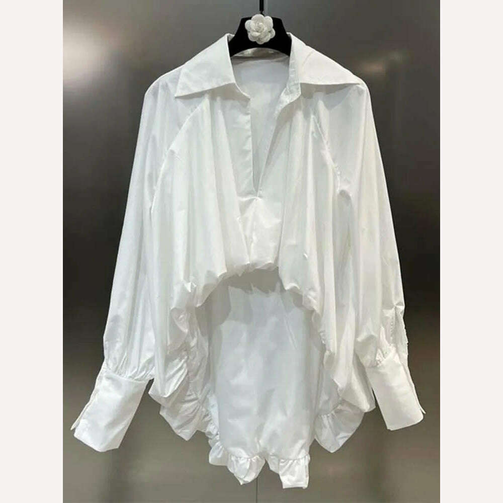 KIMLUD, VGH Loose White Shirt For Women Lapel Long Sleeve Ruched Solid Minimalist Casual Pullover Blouses Female Autumn Clothes New 2022, White / S, KIMLUD APPAREL - Womens Clothes
