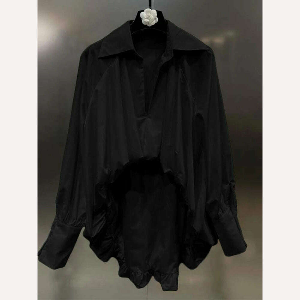 KIMLUD, VGH Loose White Shirt For Women Lapel Long Sleeve Ruched Solid Minimalist Casual Pullover Blouses Female Autumn Clothes New 2022, Black / S, KIMLUD APPAREL - Womens Clothes