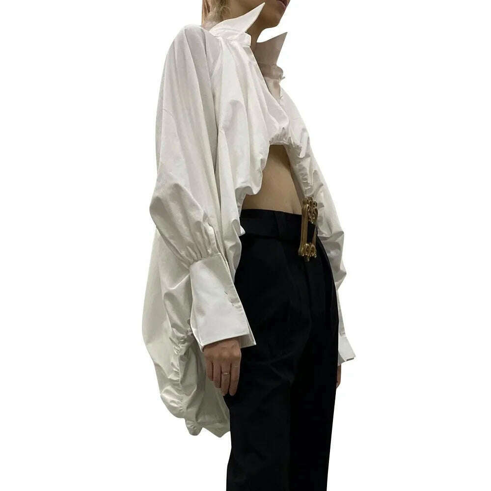 KIMLUD, VGH Loose White Shirt For Women Lapel Long Sleeve Ruched Solid Minimalist Casual Pullover Blouses Female Autumn Clothes New 2022, KIMLUD Womens Clothes