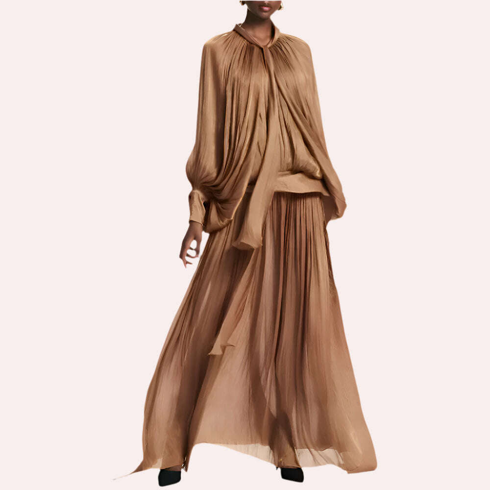 KIMLUD, VGH Minimalist Spliced Folds Maxi Dresses for Women Scarf Collar Lantern Sleeve Loose Waist Casual Temperament Dress Female New, KIMLUD Womens Clothes