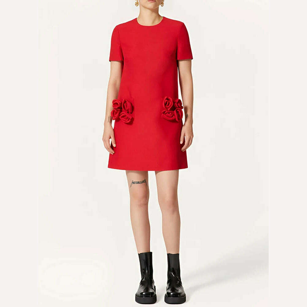 VGH Patchwork Appliques Casual Mini Dresses For Women Round Neck Short Sleeve High Waist Solid Minimalist Dress Female Fashion - KIMLUD