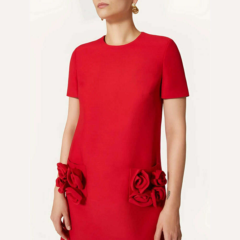 VGH Patchwork Appliques Casual Mini Dresses For Women Round Neck Short Sleeve High Waist Solid Minimalist Dress Female Fashion - KIMLUD