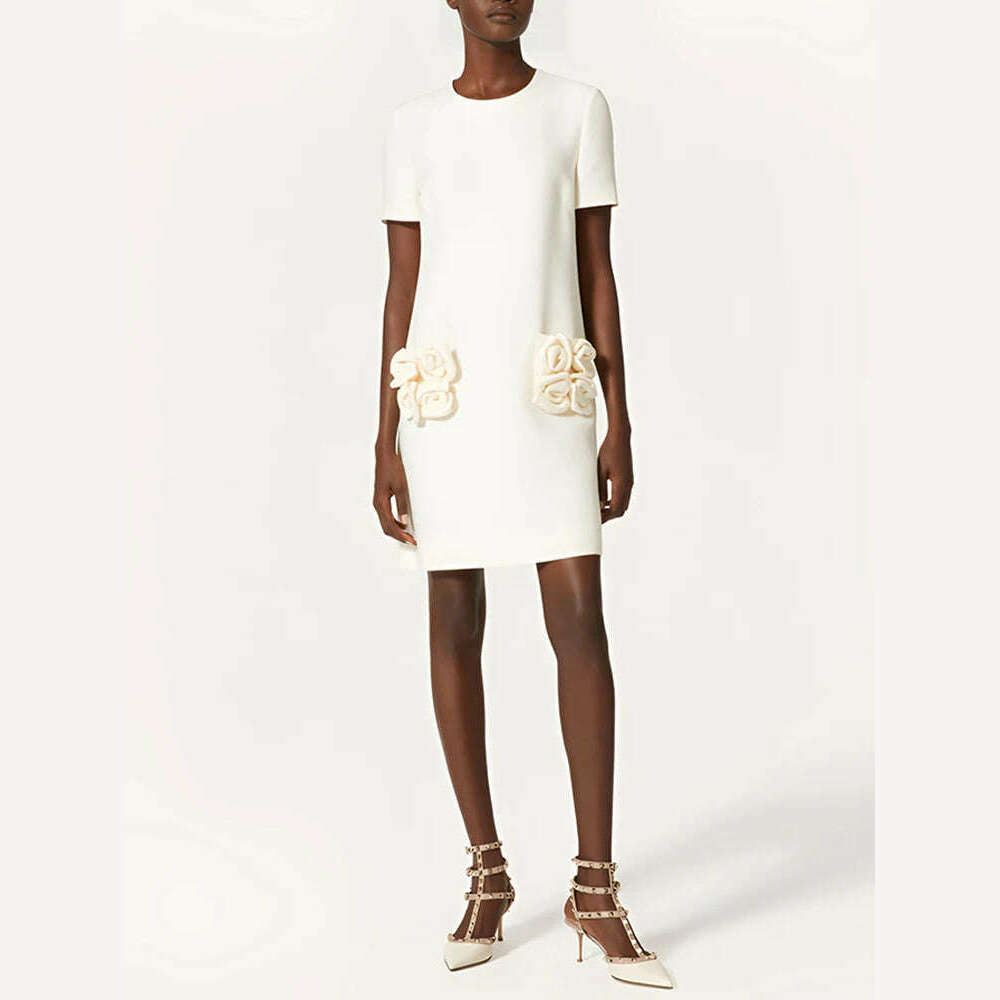 VGH Patchwork Appliques Casual Mini Dresses For Women Round Neck Short Sleeve High Waist Solid Minimalist Dress Female Fashion - KIMLUD