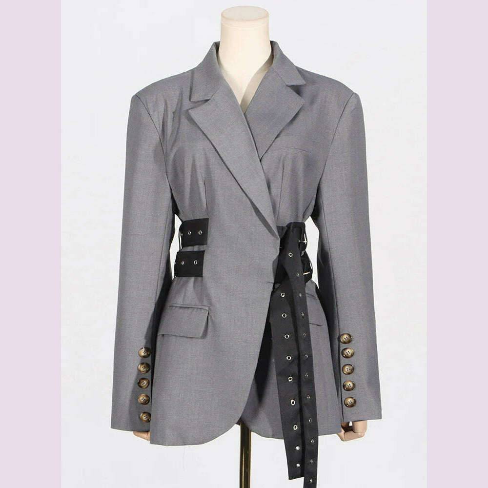 KIMLUD, VGH Patchwork Belt Elegant Blazers For Women Notched Collar Long Sleeve Spliced Button Slimming Solid Blazer Female Style New, KIMLUD Womens Clothes