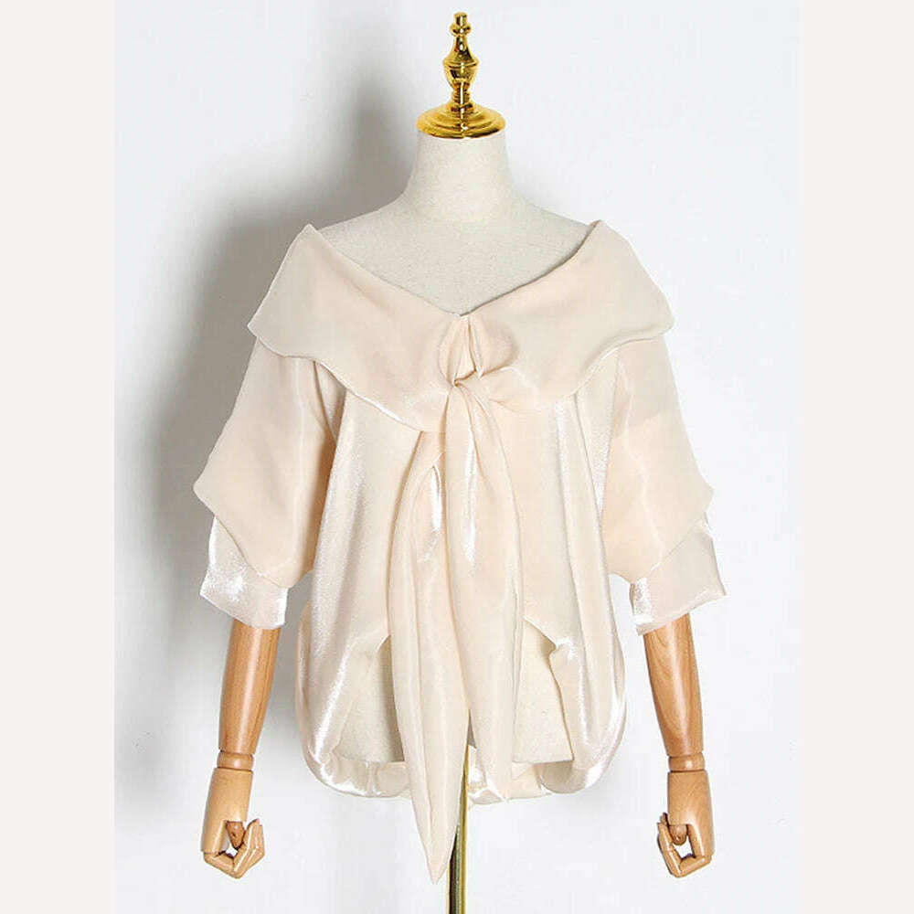 KIMLUD, VGH Patchwork Bow Lace Up Shirts For Women Slash Neck Batwing Sleeve Irregular Hem Open Stitch Blouse Female Autumn Fashion New, apricot / M, KIMLUD APPAREL - Womens Clothes