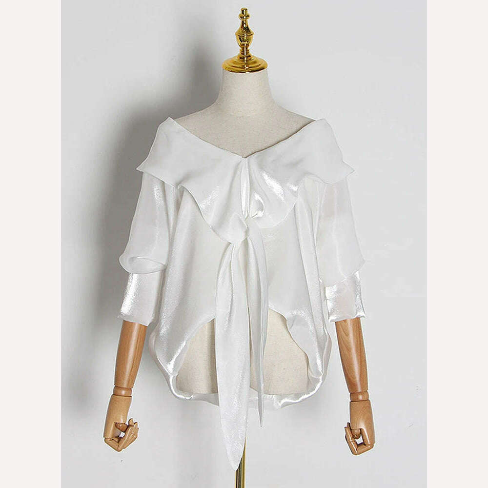 KIMLUD, VGH Patchwork Bow Lace Up Shirts For Women Slash Neck Batwing Sleeve Irregular Hem Open Stitch Blouse Female Autumn Fashion New, white / S, KIMLUD APPAREL - Womens Clothes