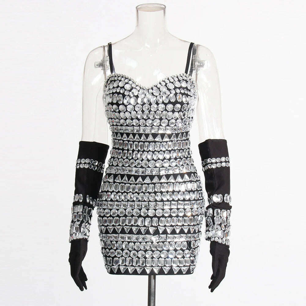 KIMLUD, VGH Patchwork Diamonds Sexy Slimming Dresses For Women Strapless Sleeveless High Waist Including Gloves Temperament Dress Female, Black / S, KIMLUD APPAREL - Womens Clothes