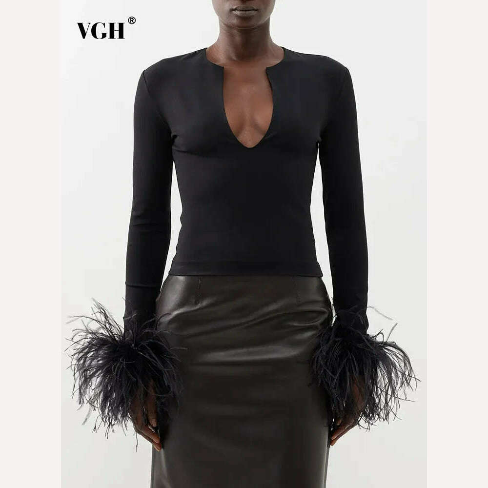 KIMLUD, VGH Patchwork Feathers Solid Vintage Sweaters For Women V Neck Long Sleeve Temperament Knitting Pullover Sweater Female Fashion, KIMLUD Womens Clothes