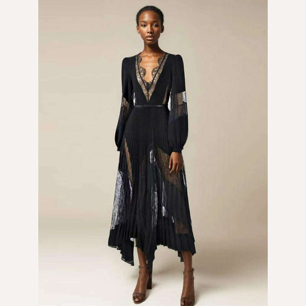 VGH Patchwork Lace Solid Sexy Slimming Dresses For Women V Neck Long Sleeve High Waist Spliced Belt Temperament Dress Female New - KIMLUD