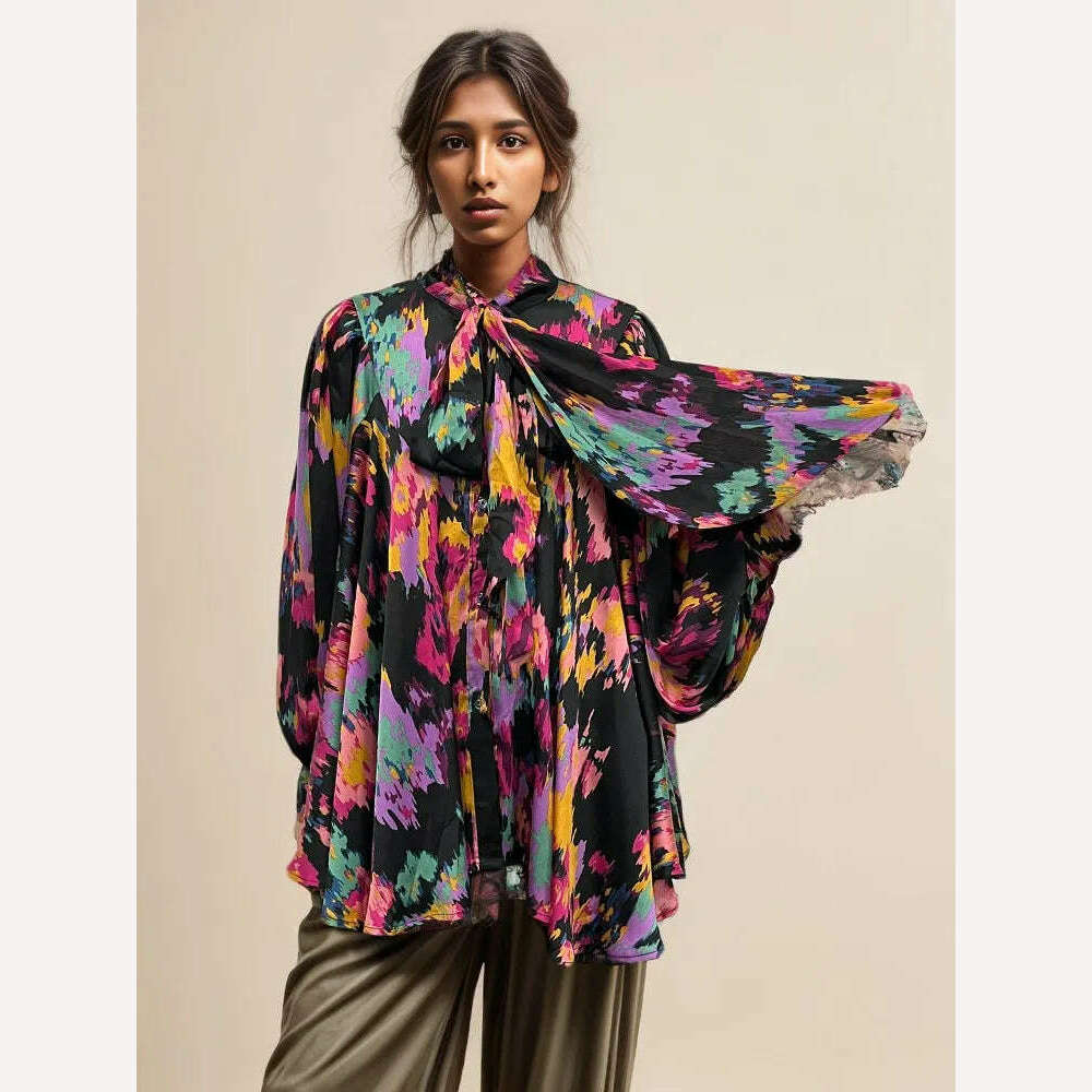 VGH Patchwork Lace Up Printing Casual Blouses For Women Stand Collar Lantern Sleeve Spliced Button Minimalist Shirts Female New - KIMLUD