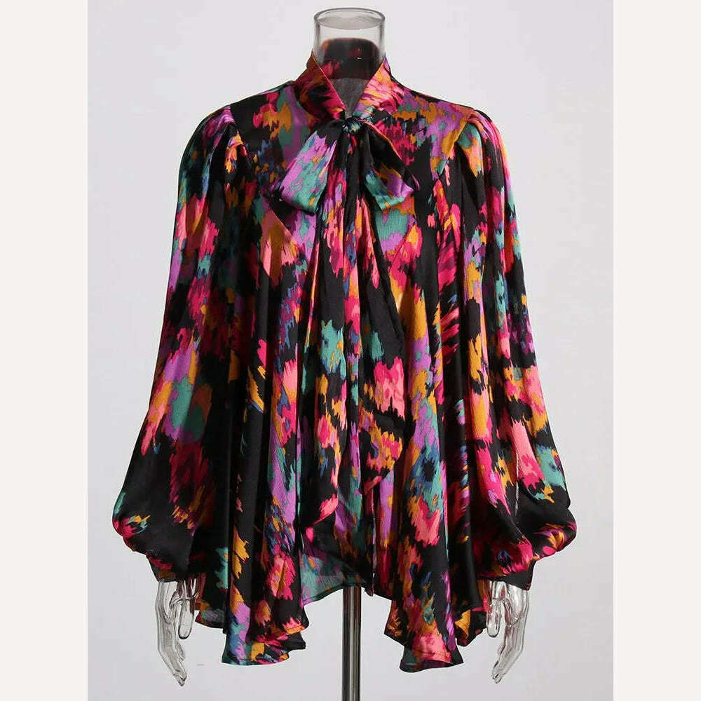 VGH Patchwork Lace Up Printing Casual Blouses For Women Stand Collar Lantern Sleeve Spliced Button Minimalist Shirts Female New - KIMLUD