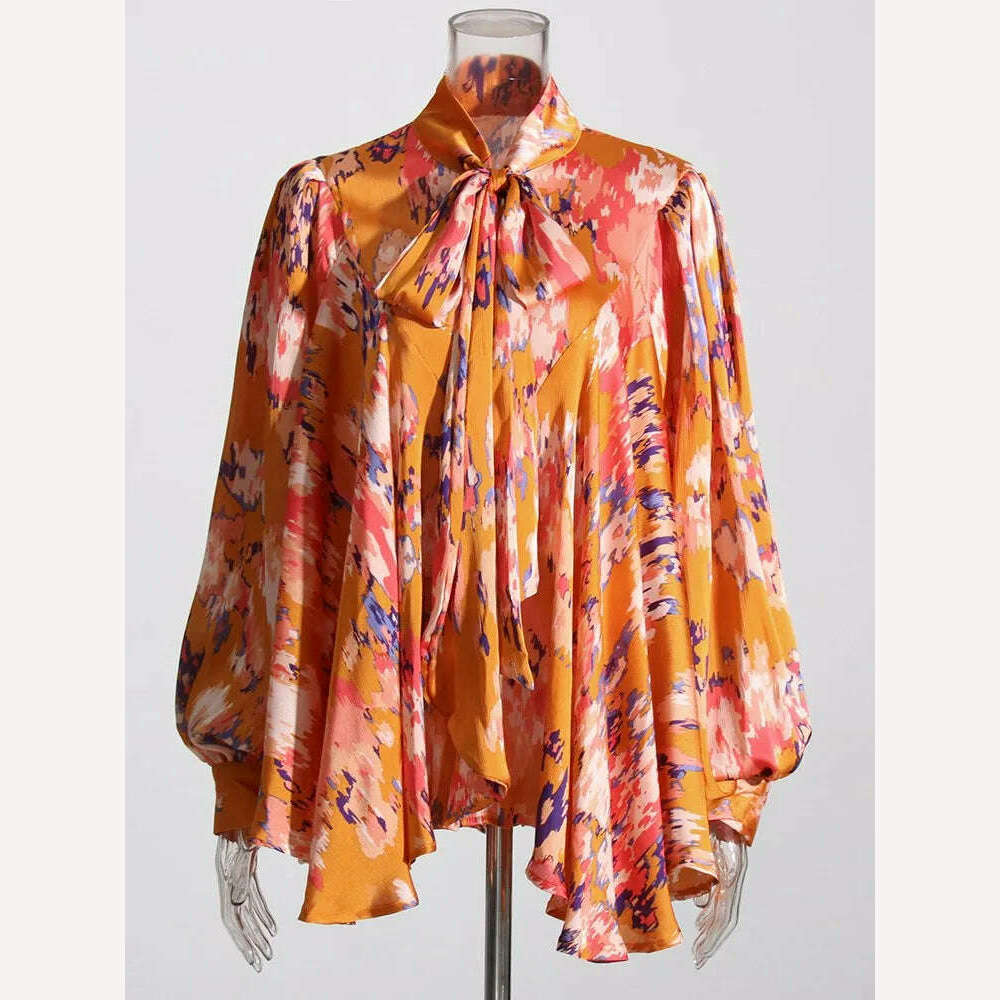 VGH Patchwork Lace Up Printing Casual Blouses For Women Stand Collar Lantern Sleeve Spliced Button Minimalist Shirts Female New - KIMLUD