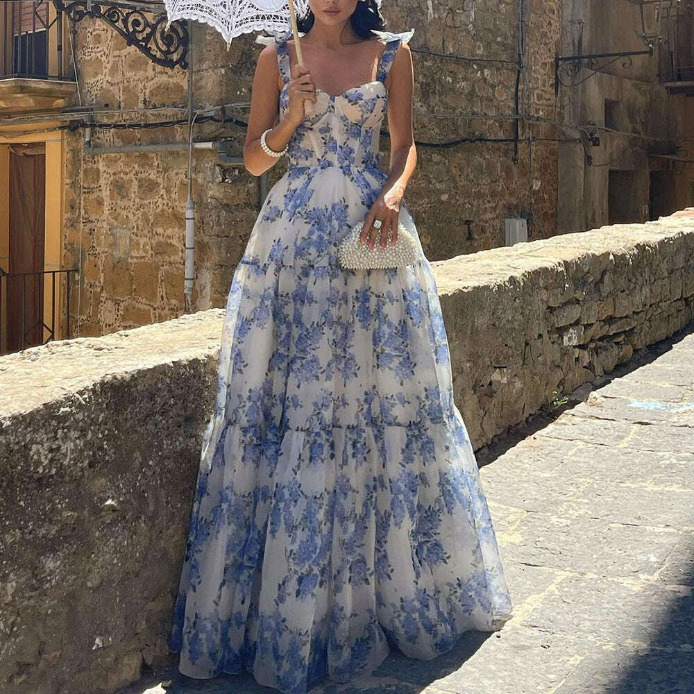 KIMLUD, VGH Patchwork Lace Up Printing Elegant Dresses For Women Square Collar Sleeveless High Waist Backless Temperament Dress Female, XL / Blue, KIMLUD APPAREL - Womens Clothes